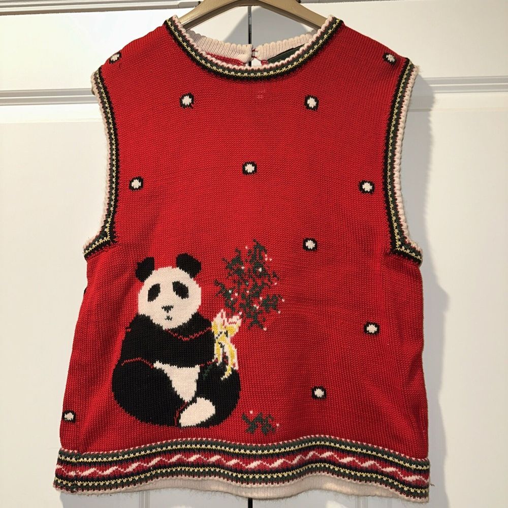 Vintage Cullinane Panda Bear Holiday Sweater Red Small 1980s Wool &Rabbits Hair